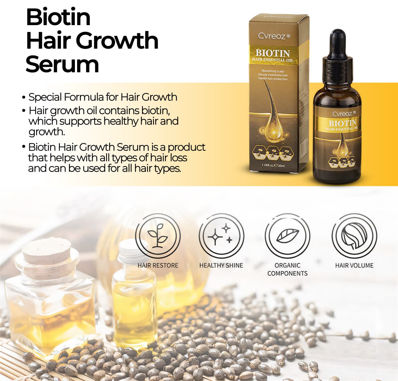 🔥 Grow Your Glow: 60% OFF 🔥 Cvreoz® Biotin Hair Essential Oil!